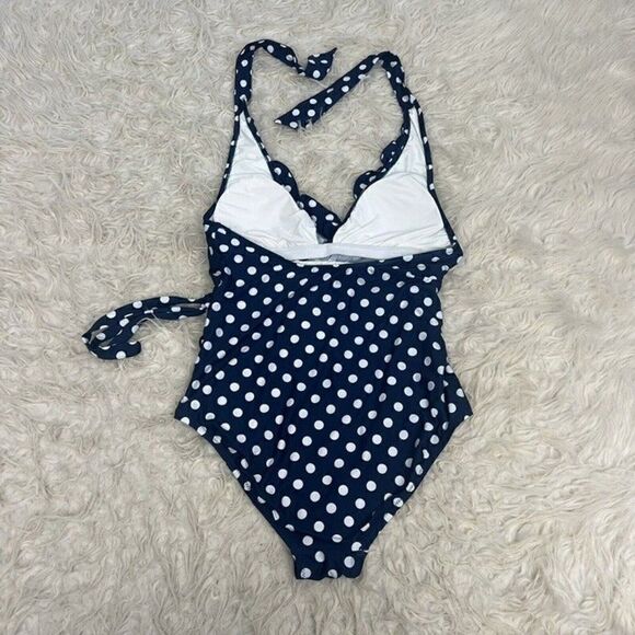 ModCloth NAVY POLKA DOT Reese Halter One-Piece Retro Swimsuit Size Large Pin Up - Picture 3 of 9
